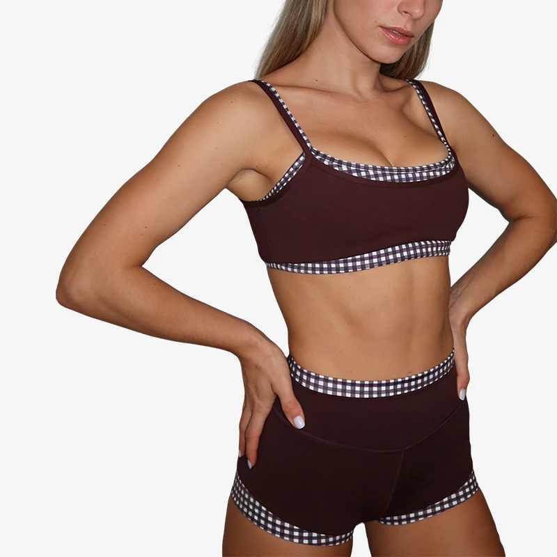 OEM Custom High-Impact Two-Layer Sports Bras: Quick-Dry Checkered Gym Yoga Workout Fitness Sports Bras for Women