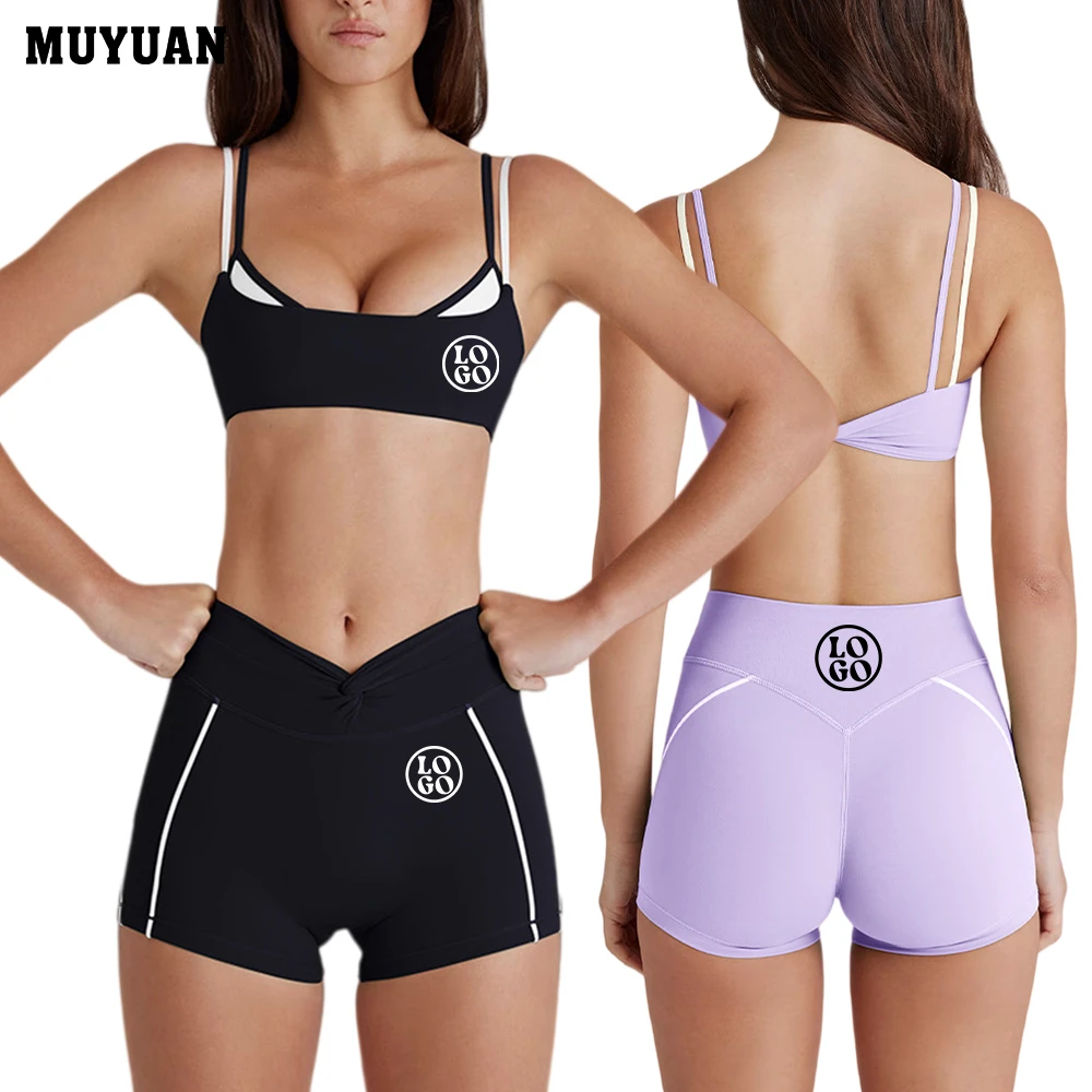 Racerback Crop Sports Bra High-Waisted Compression Yoga Running Pants Side Pockets 2-Piece Nylon Spandex