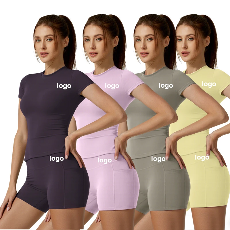 Custom Women's Seamless Short Sleeve Yoga Set 2 Piece Workout Outfits Fitness Crop Top and High Waist Shorts for Gym Activewear