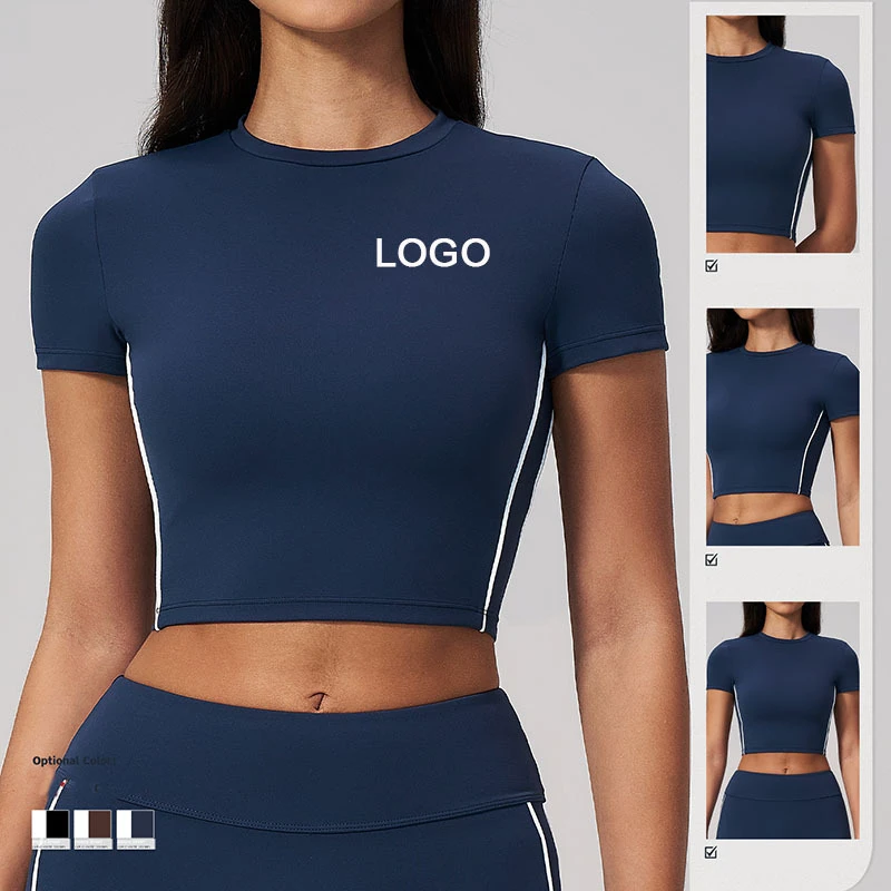 Women's Solid Spandex/Nylon Crew Neck Yoga T-shirt Short-sleeved Summer Pilates Fitness Tight Crop Top Quick Dry Sports Top