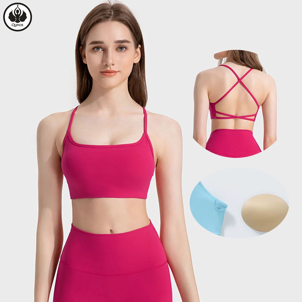 Women's Eco-Friendly Breathable Quick Dry Light Support Yoga Sports Bra Spaghetti Strap Adjustable Backless Front Removable Pads