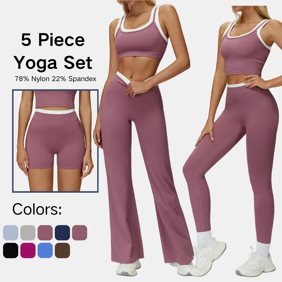 Womens Five Piece Yoga Set Contrast Trim Sports Bra Tank Top High Waist Shorts Leggings Flare Pants Activewear