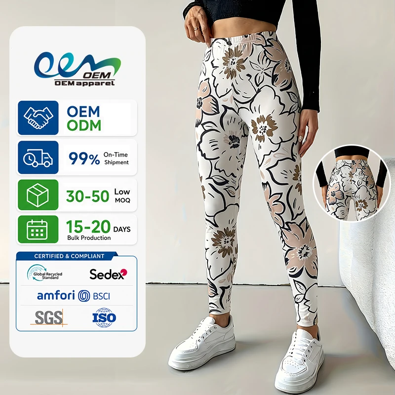 Custom Sportswear Supplier Women High Waist Flower DTG Full Printing Nylon Spandex Breathable Gym Workout Pilates Yoga Leggings