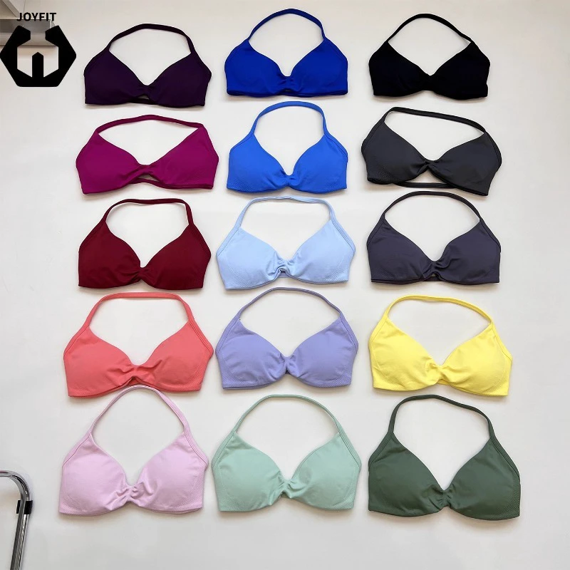 DK25057 Strappy Bra Sexy Halter Neck Compression Scrunch Seamless Design Fitness Spandex Sport Bra