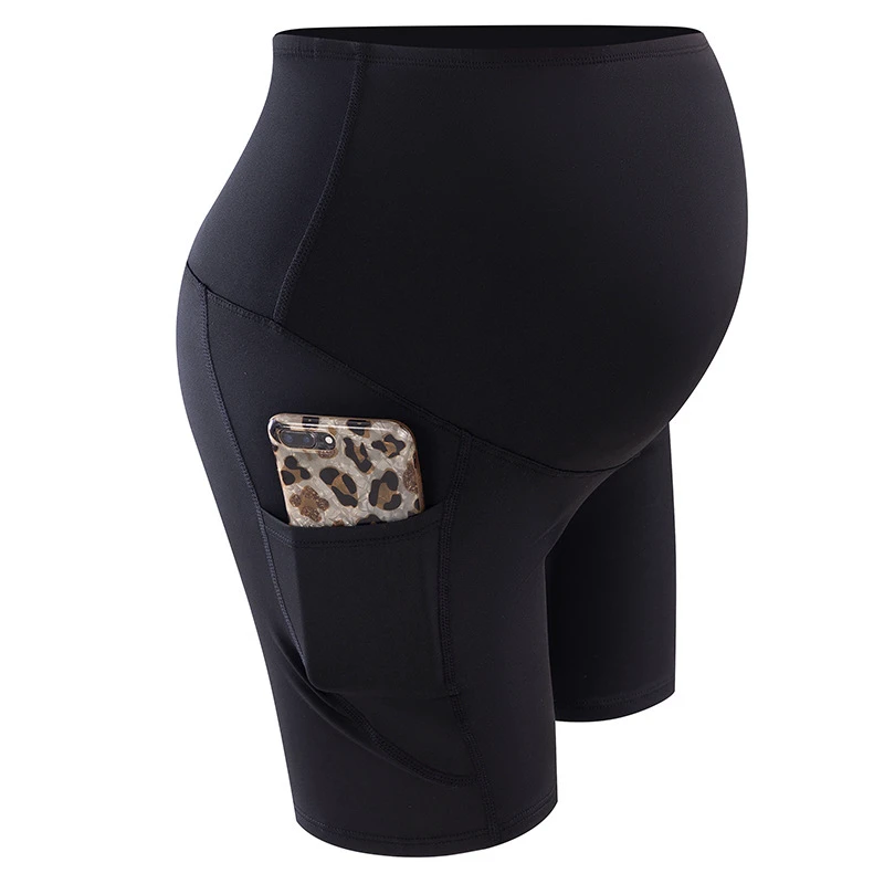 Wholesale Stretch Nylon/spandex Pregnant Gym Yoga Pants with Side Pocket Comfy Belly Support High Waist Maternity Biker Shorts