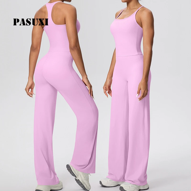 PASUXI Women's Solid Breathable Quick-Dry Activewear Set Square Neck Racerback Vest High-Waisted Straight Leg Pants Yoga