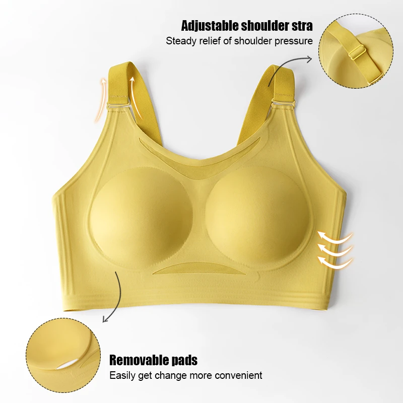 OEM Thin Breathable Solid Yellow Jelly Gel Sports Bra-Removable Pad Adjustable Straps U-Back High Support Seamless Wireless Bra