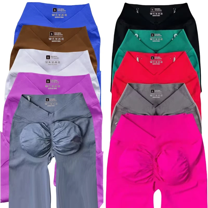 Women Solid High Waist 3 Push V Yoga Leggings Spandex/Nylon Four-Way Stretch Gym Fitness Scrunch Butt Workout Running Seamless