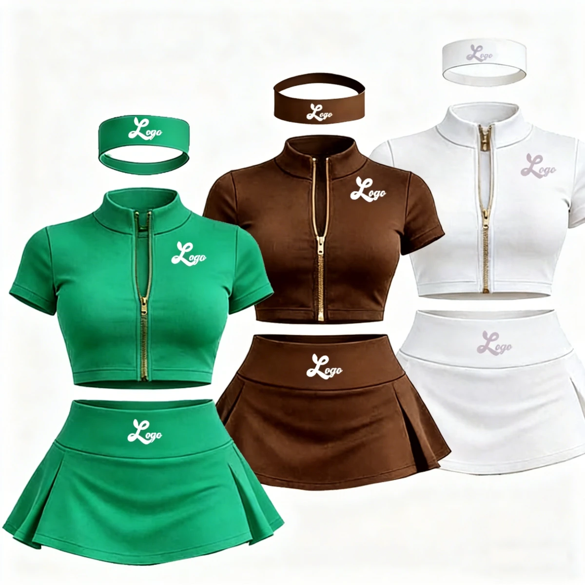 Custom Womens Activewear Sets 3 Piece Short Skirt Gold Zipper Yoga Jacket Shorts Headband Gym Workout Set Fitness Sportswear