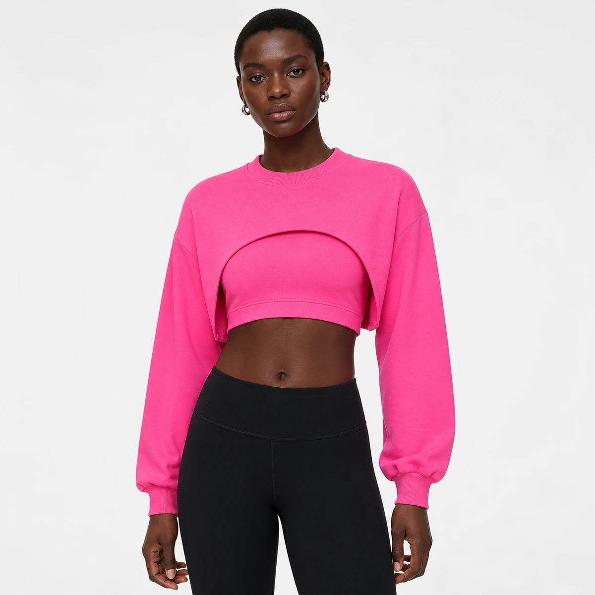 Wholesale OEM ODM Women's Yoga Top 75% Nylon 25% Spandex 220gsm Hot Pink Shrug Cropped Tops Custom Pilates Style