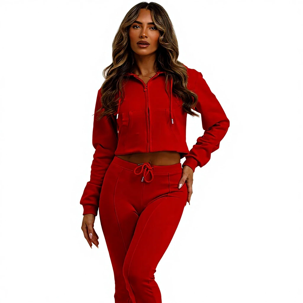 Women's Solid Flare Sweatsuit One Set Cropped Zip-Up Hoodie High-Waist Joggers 100% Polyester Piping Details Hole Zipper