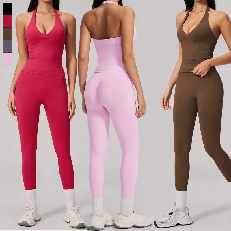 SHINBENE Women 2Pcs Seamless Yoga Suit Booty Scrunch Pants Halter Neck V Neck Crop Top Sports Fitness Set