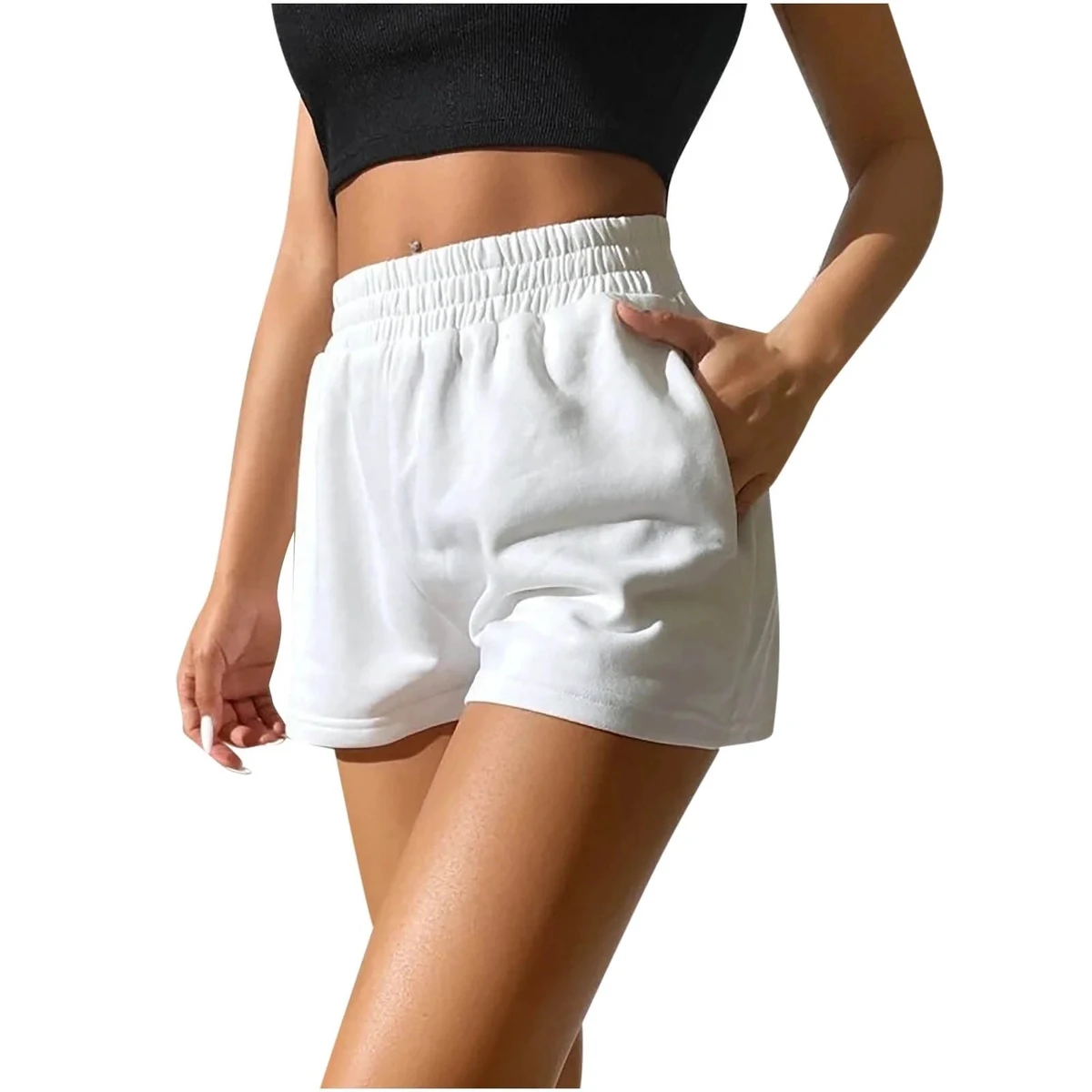 Trendy Women High Waisted Skinny Fit Shorts Elastic Waist Plaid Pattern Casual Breathable Quick Dry Waterproof Cotton Polyester