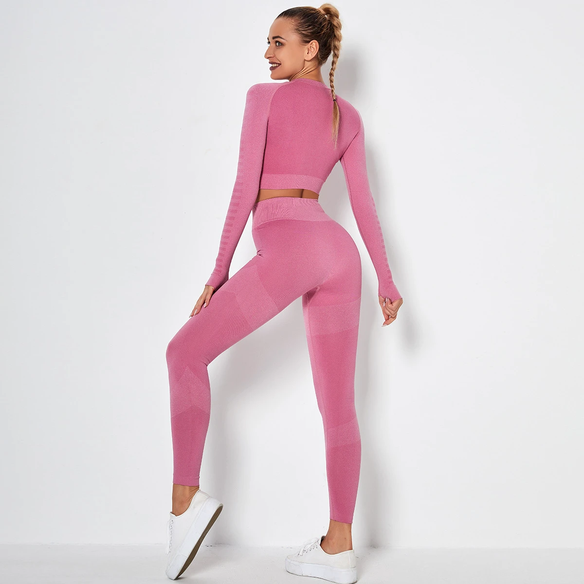 S-SHAPER Women's 2-Piece Seamless Sports Wear Ribbed High Waist Leggings With Long Sleeve Crop Top Women's Yoga Set