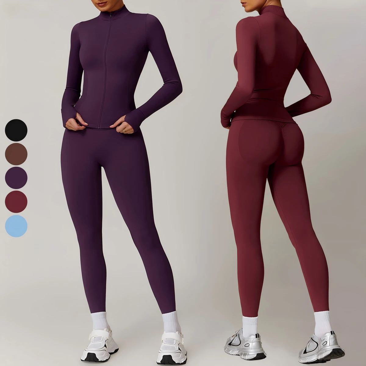 Wholesale Custom 2 Piece Yoga Sets Breathable Seamless Long Sleeve Sports Jacket & Leggings Set for Women Gym Fitness Workout
