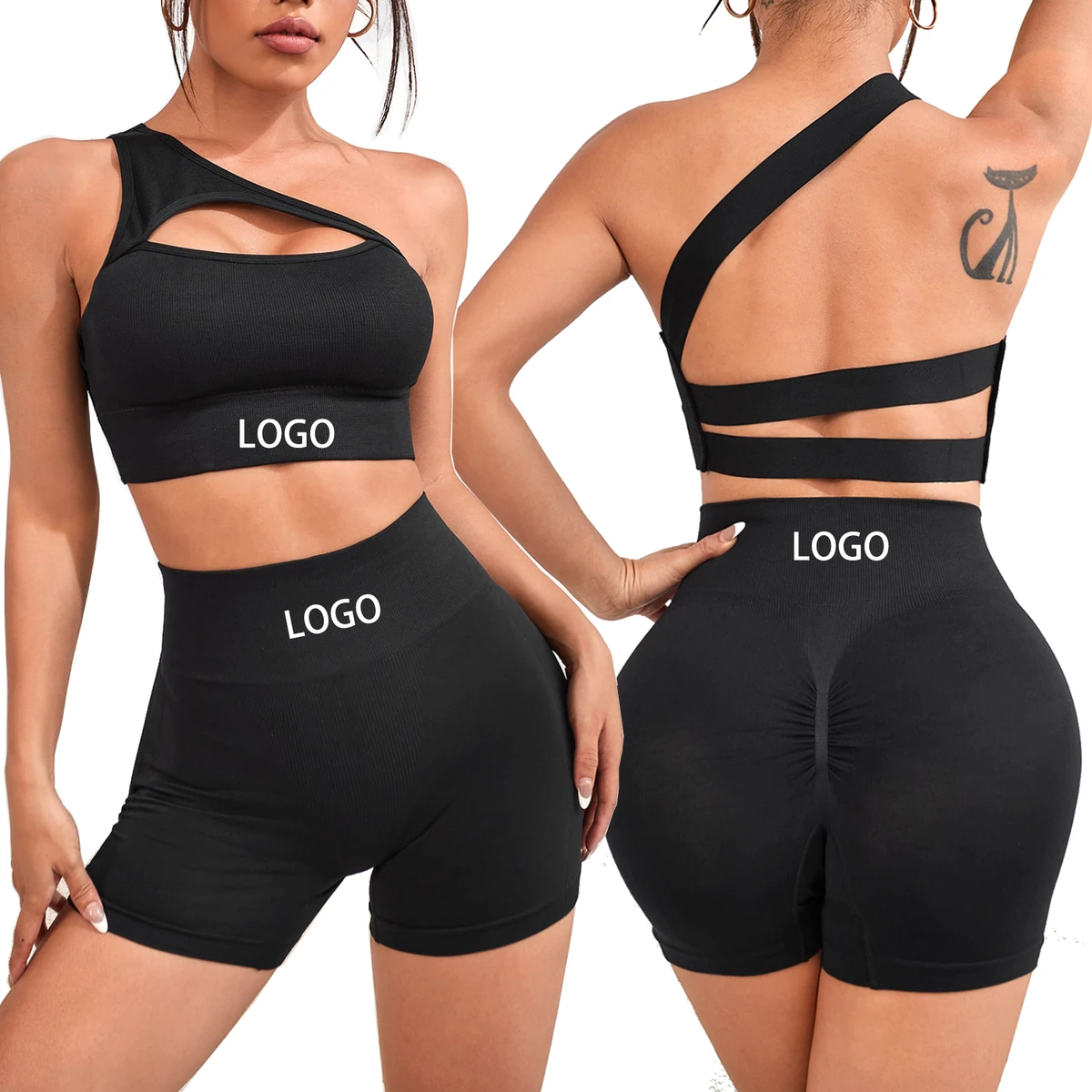 Wholesale Solid Breathable Cut-out Bra Scrunch Butt Shorts Set Fitness Seamless Backless Yoga Sports Set