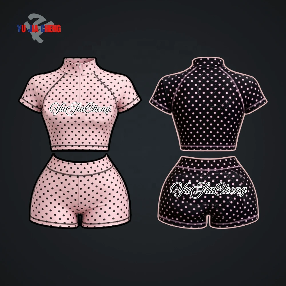 Summer Custom Polka Dot Ladies Workout Contrast Binding Outfits Two Piece Fitness Half Zip Yoga Crop Top and Shorts Set Women