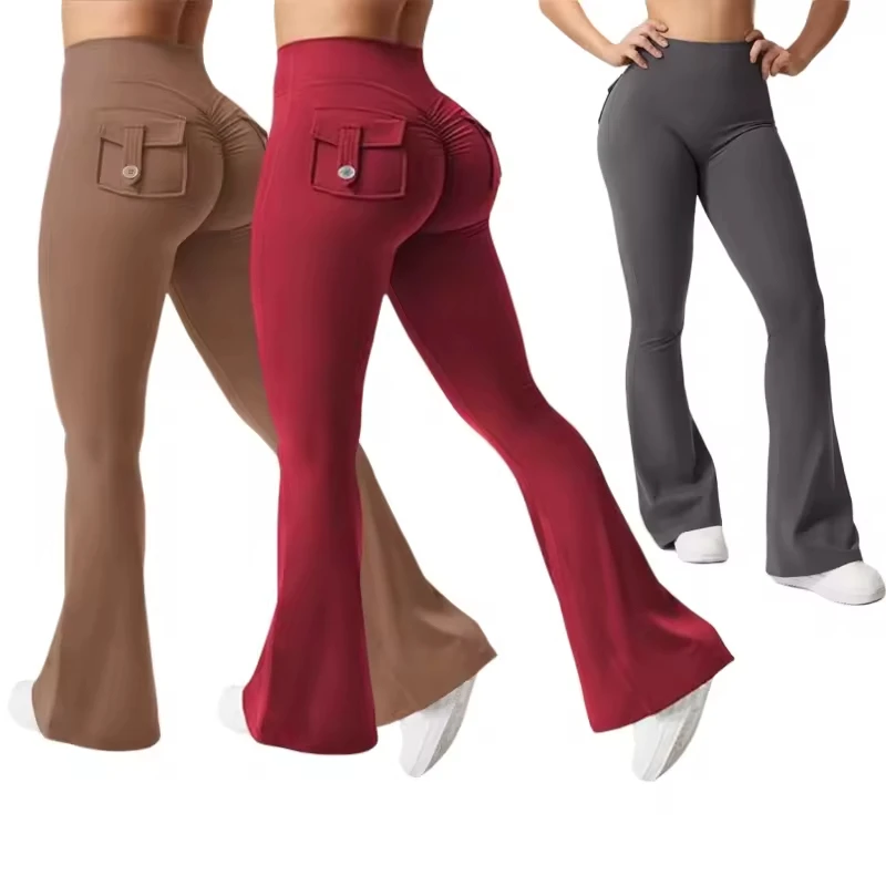 Solid High Waist Daily Fitness High Stretch Sport Leggings With Pocket Fashion Flared Cargo Long Pants Yoga Leggings for Female