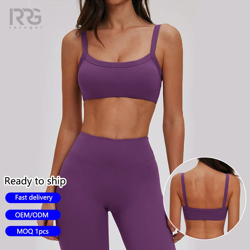 Roregal Soft Brushed Sports Bra Outdoor Fitness Women's U-Neck Square Cut-Out Back Yoga Bra with Removable Padded