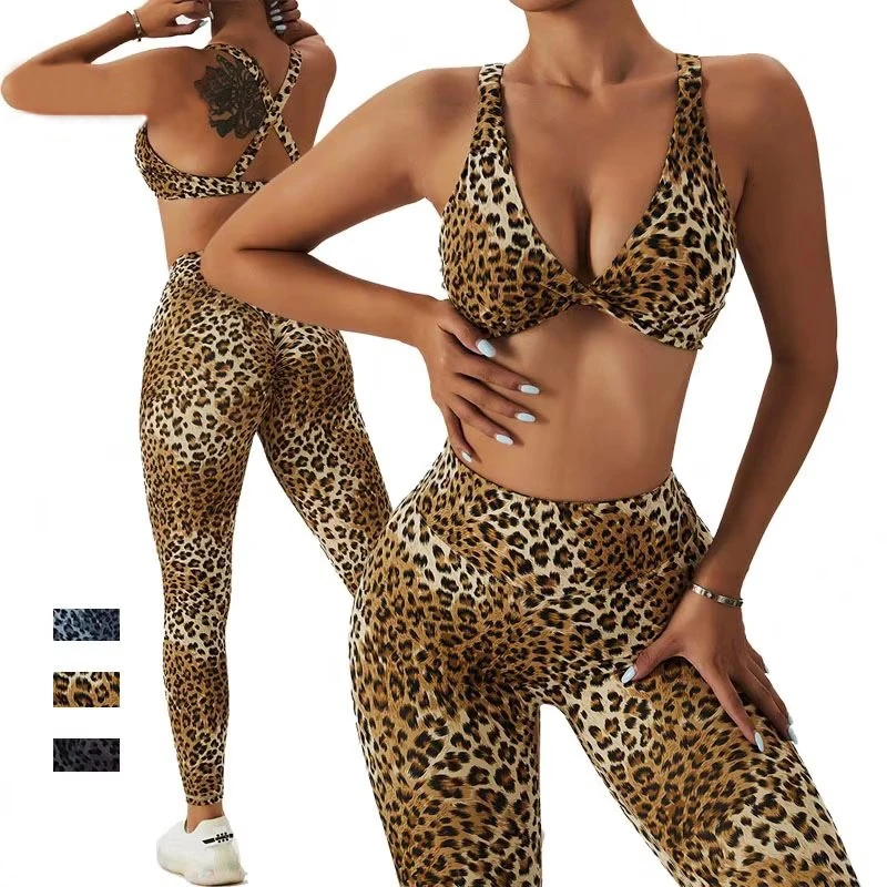Women 3pcs Set Fitness Twist Front Sports Bra Crop V Neck With Butt Scrunch Leggings Sets Animal Leopard Print Yoga Set