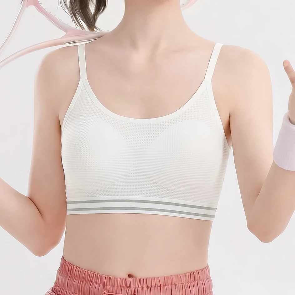 Teen's Seamless Thin Full Cup Wire-Free Stripe Solid Soft Breathable Mesh Comfort U-Back Sporty Knitted Sports Bra