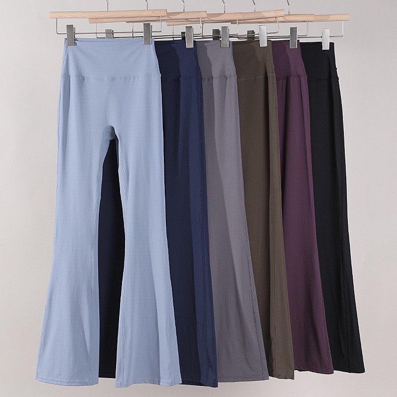 Slimming High Waist Hip Lifting Wide Leg Solid Yoga Pants Tummy Control Spandex/Nylon Full Length Outerwear Fitness Bell-bottoms