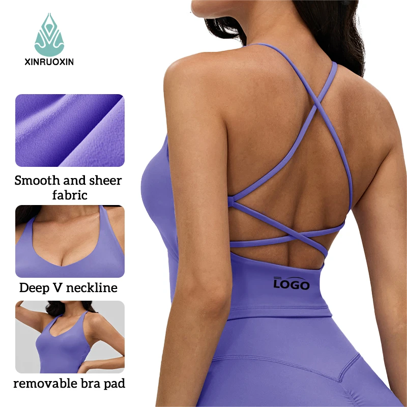 Women Cross Back Yoga Tank Top Deep V Neck Adjustable Thin Straps Removable Padded Workout Cami Top For Pilates Training