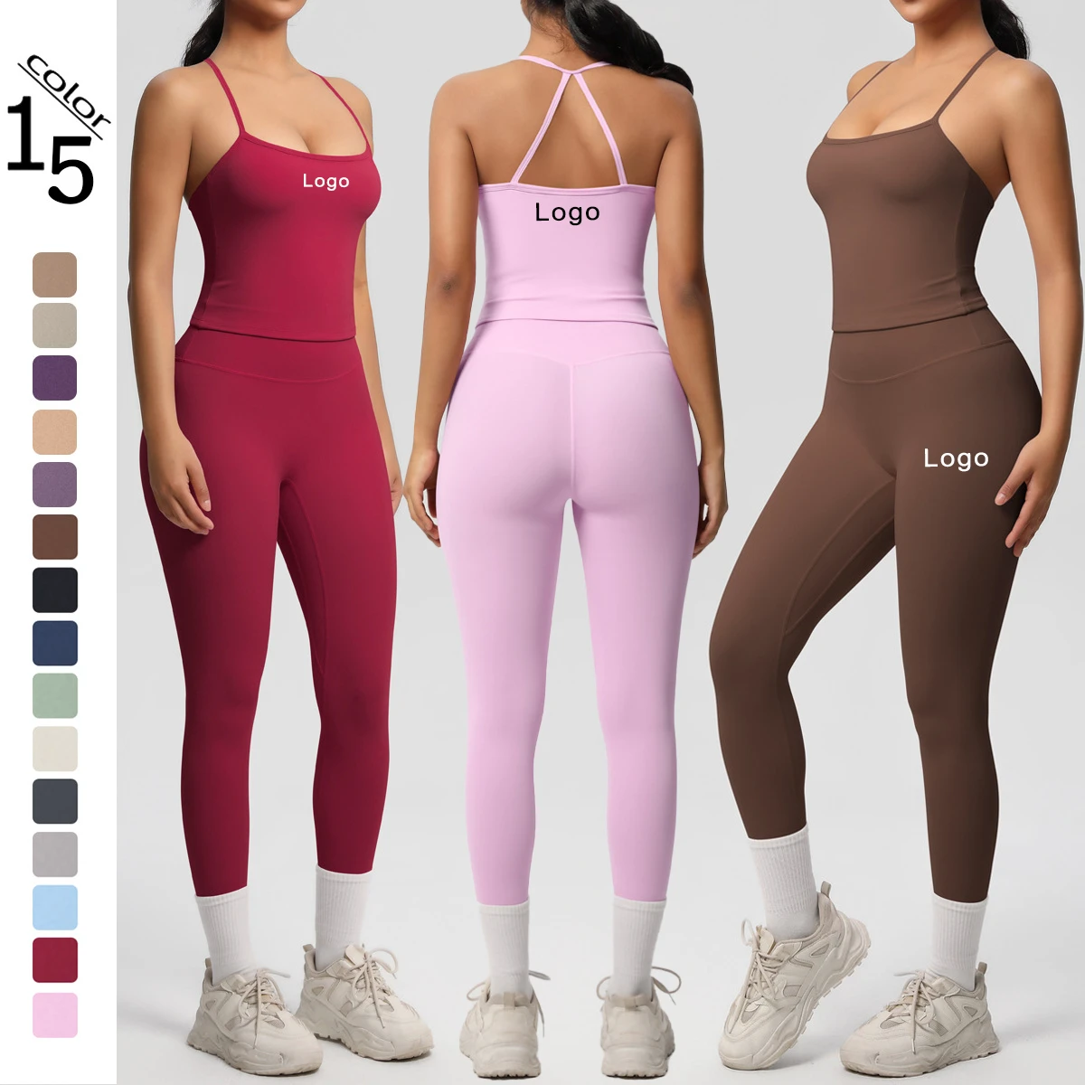 Solid-Color Nude-Feel Double-Sided Brushed Backless Tight-Fitting Sports Yoga Set Running & Fitness Two-Piece Set