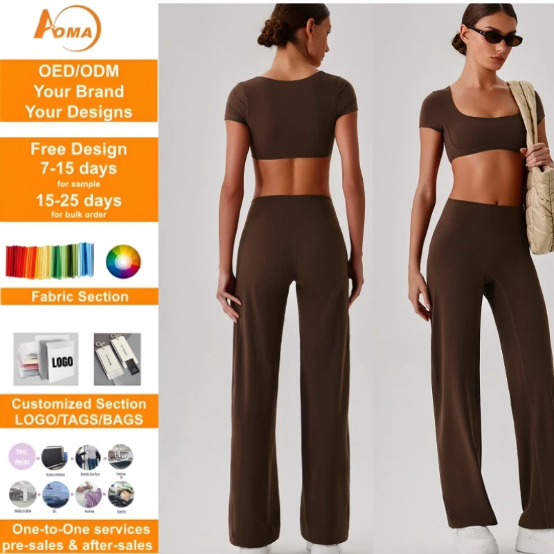 Aoyema Women Fitness Wear Quick-drying Sports Underwear Yoga Suit Short-sleeved Backless Solid Outdoor Fitness 2-Piece Set
