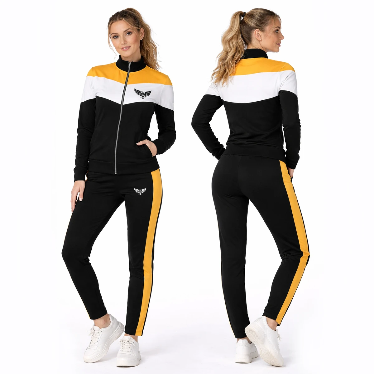 Custom Women Black Yellow Sports Tracksuit Set Zip Up Jacket and Pant Fitness Gym Wear Running Training Suit Slim Fit Activewear