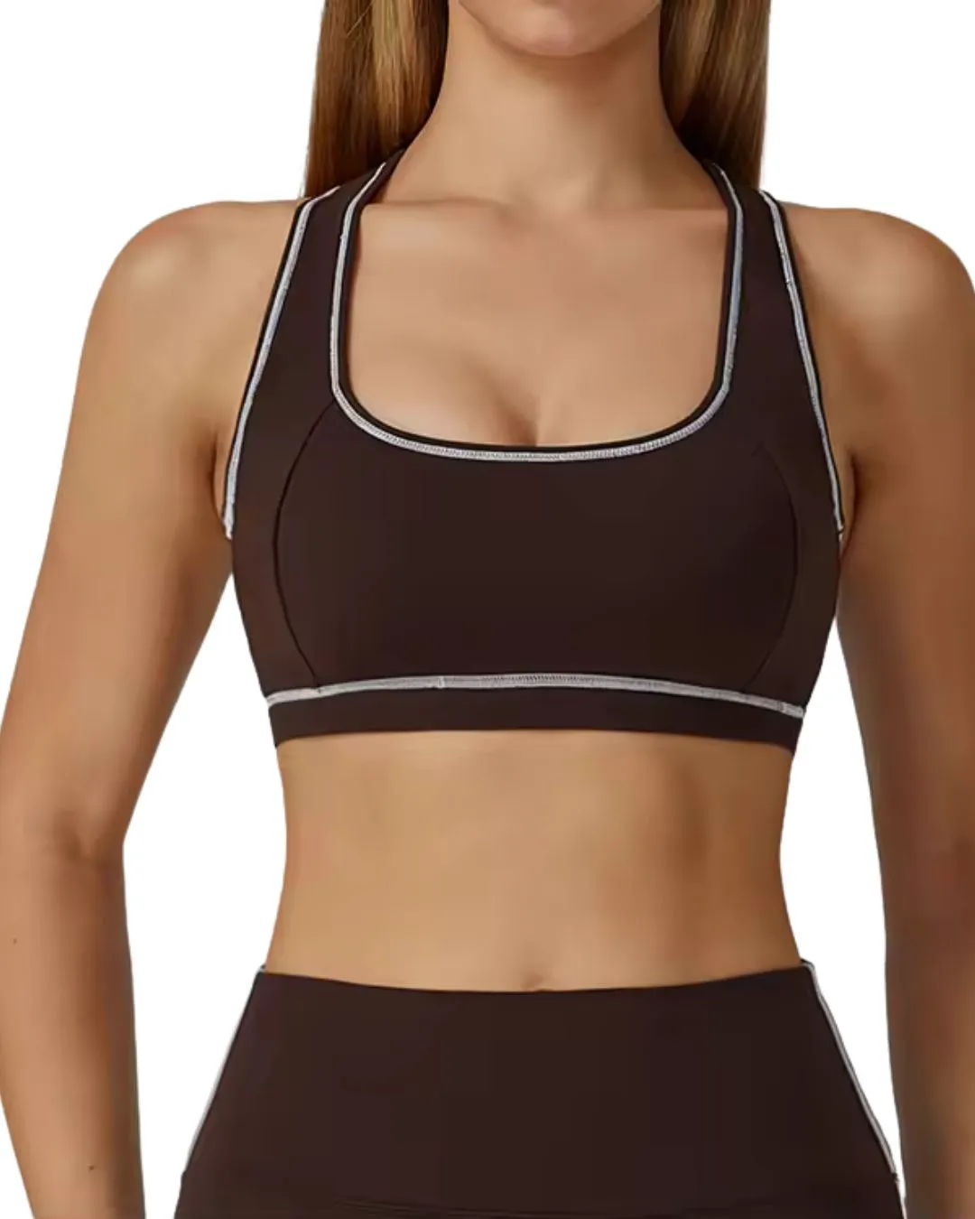 Women Chocolate Brown White Contrast Sports Bra And High Waist Leggings Set Stretch Yoga Fitness Gym Wear Custom OEM Wholesale