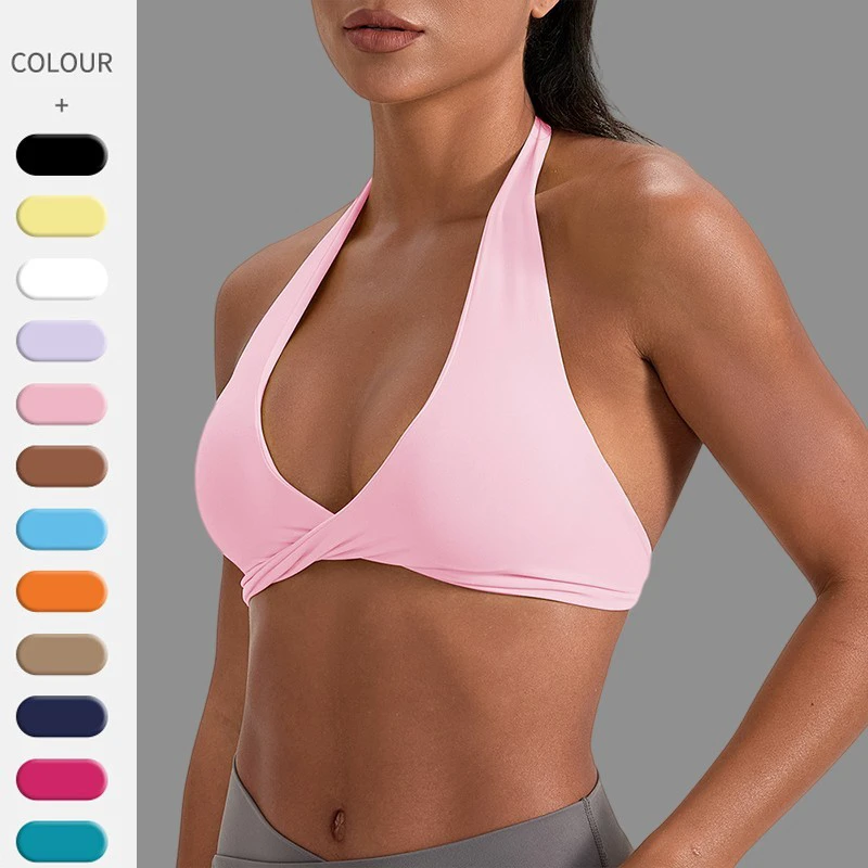 Custom Logo European American Women Backless Halter Strap No Underwire Sexy Breathable High Support Deep Yoga Sports Bra