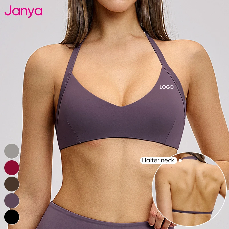 Janya 2026 Custom Logo Nude Feeling Yoga Bras Workout Gym Top Halter Neck Backless Sports Bra for Women with Removable Pads