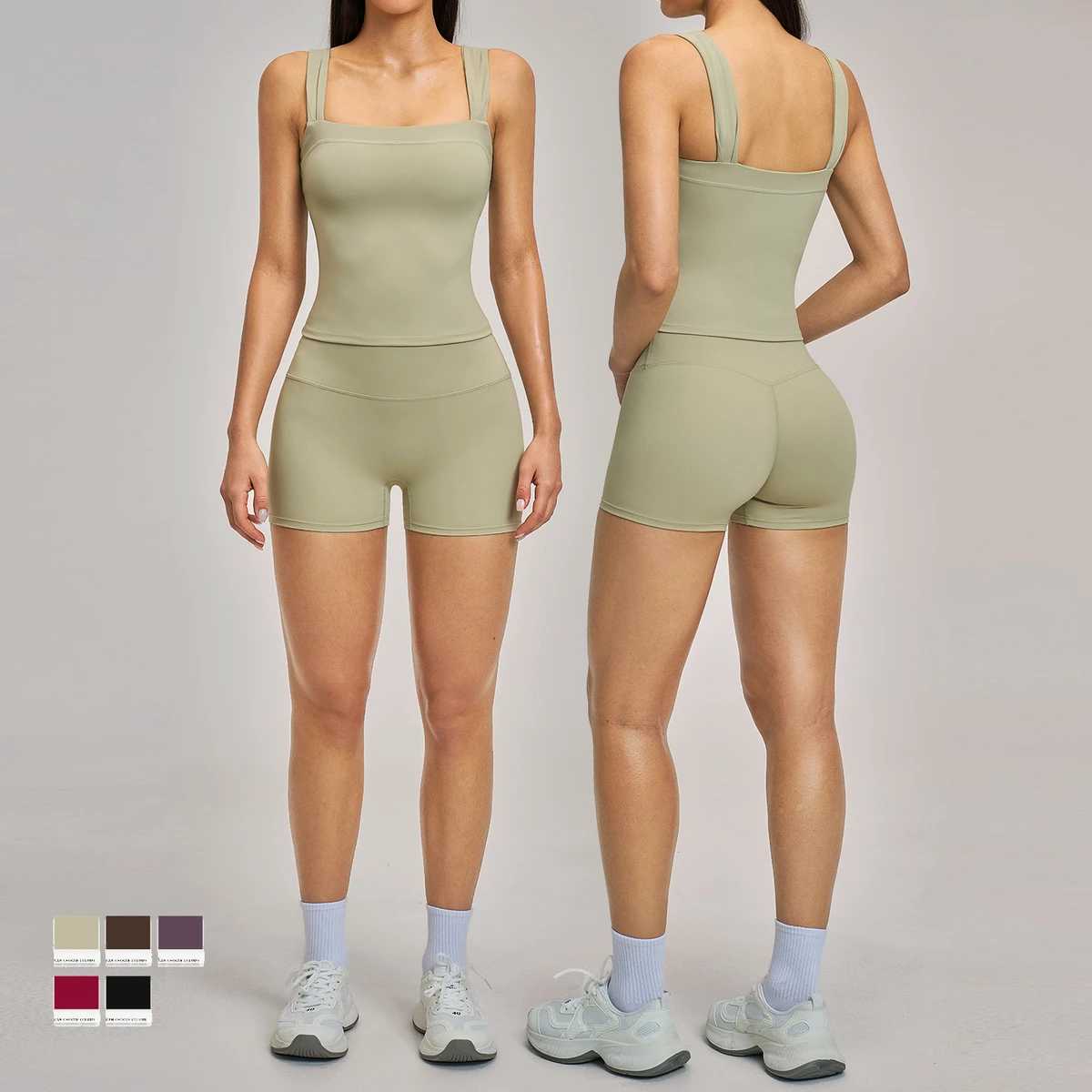 Women's Brushed 2-piece Yoga Set Square Neck Backless Double Straps Crop Top High Waist Butt Lifting Comfortable Sports Shorts