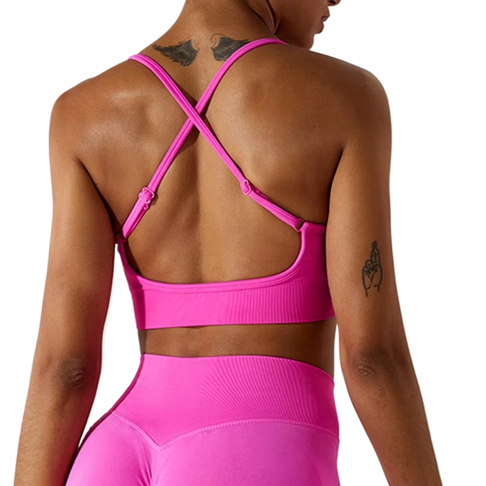 Women 2.0 Cloud Padded Sports Bra Deep U Neck Adjustable Seamless Spaghetti Strap Light Impact Yoga Bras