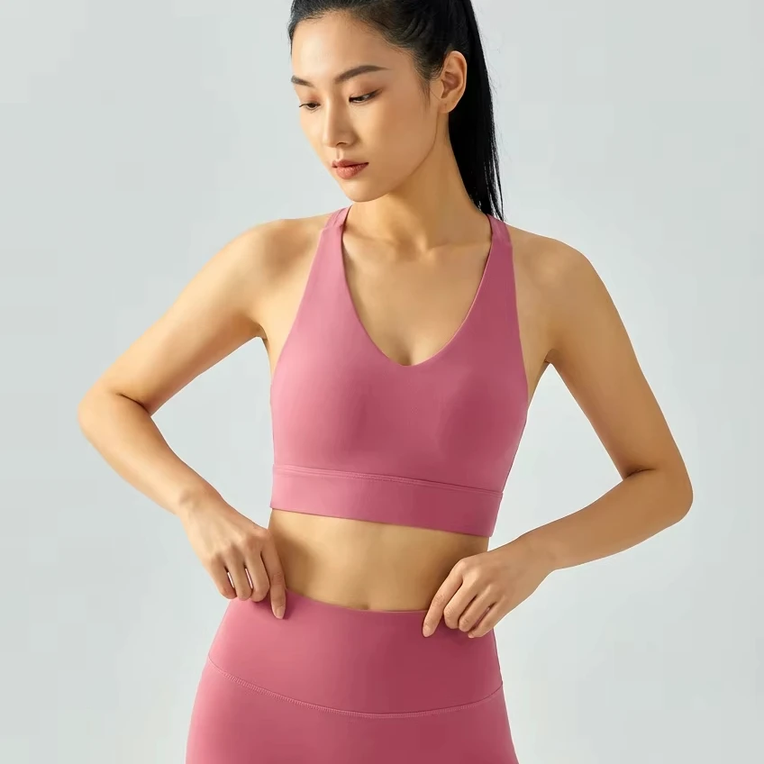 Summer Sexy Breathable T-Back Sports Bra for Women Yoga Vest Halter Workout Top with Fixed Cups Medium Support Gym Running