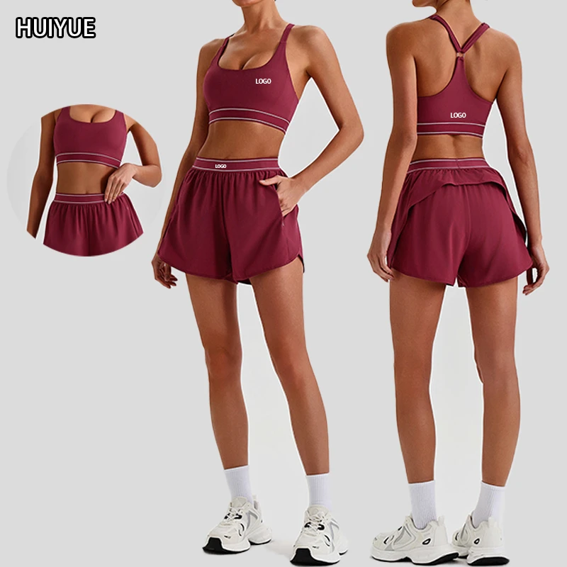 Women 2Pcs Yoga Fitness Set Adjustable Strap Sport Bra High Waist Running Shorts Workout Outfit Tracksuit
