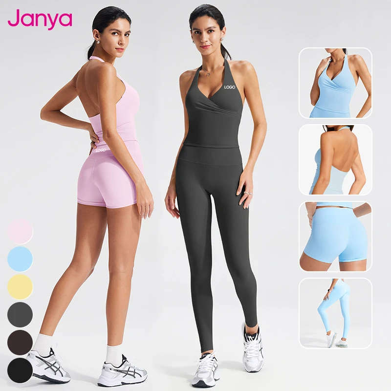 Janya Halter V-neck Backless Sports Tank Tops High Waist Fitness Leggings Sets Gym Active Wear Suit 2 Piece Yoga Set for Women
