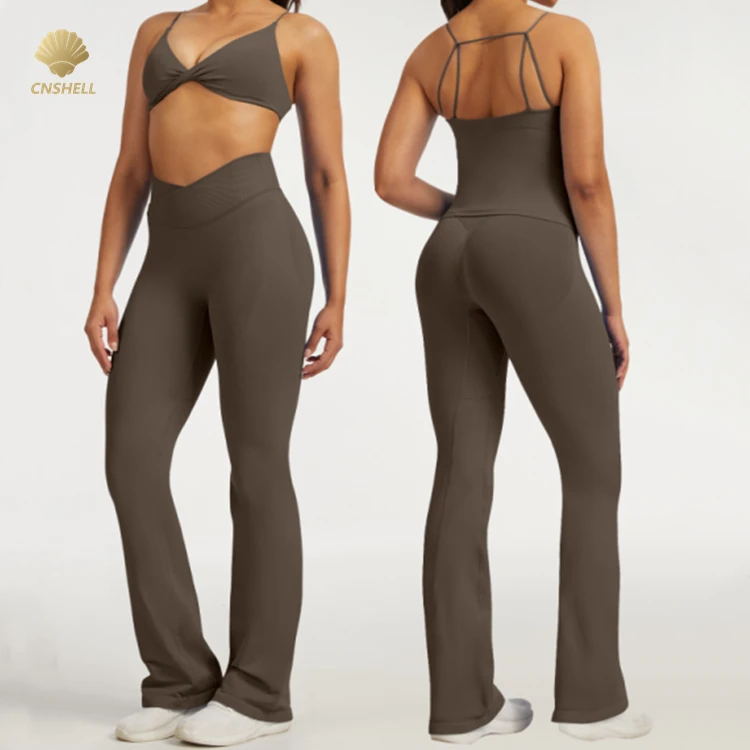 CNSHELL Seamless Waist Cross Front DF Twist Chest Deep V Neck Bra Flare Legging 2 Piece Set Yoga Fitness Activewear