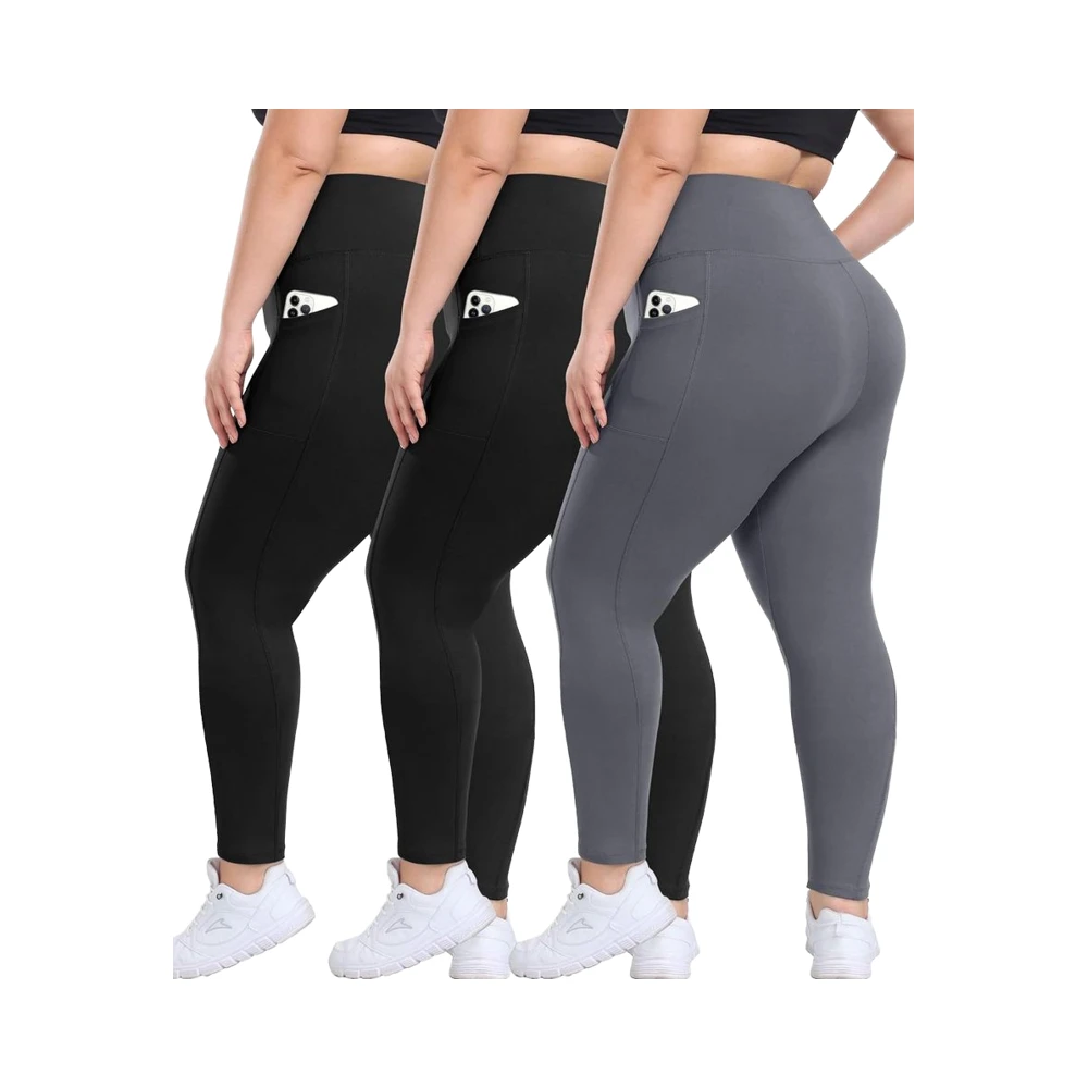 3 Pack Plus Size High-Waisted Full-Length Leggings Pockets for Women-Tummy Control Spandex Soft Black Workout Yoga Pants