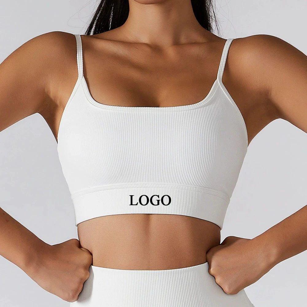 Custom LOGO Seamless High Elastic Adjustable Shoulder Strap Eco-Friendly Fitness Tank Tops Removed Padded Ribbed Yoga Sports Bra