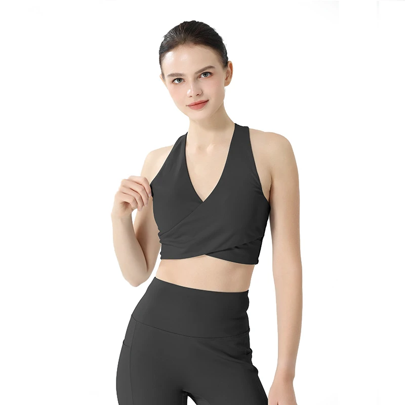 Women's V-neck Halter High Support Yoga Bra Built-in Chest Pads Quick-Drying Spandex/Polyester Push-Up Gym/Workout XL