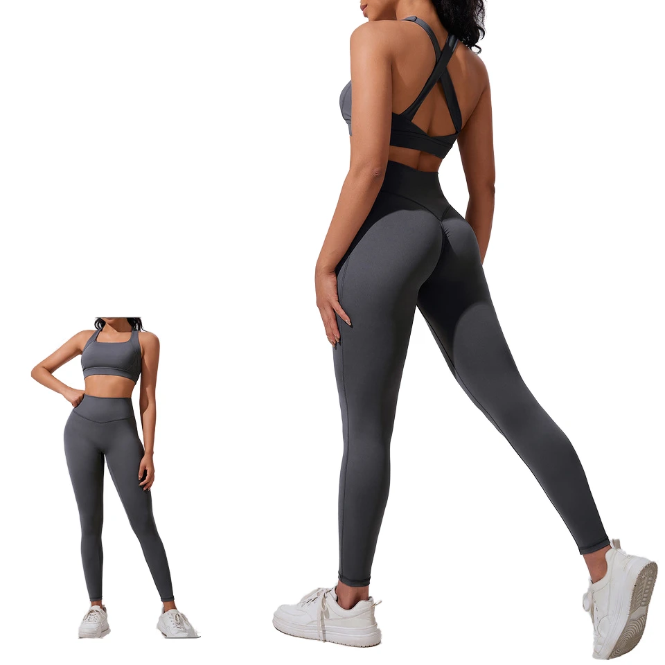 New Cross-Border Women's Sports Fitness Suit Elastic Breathable for Solid Sportswear 2-Piece Set Cloud-Feel Running Yoga Suit