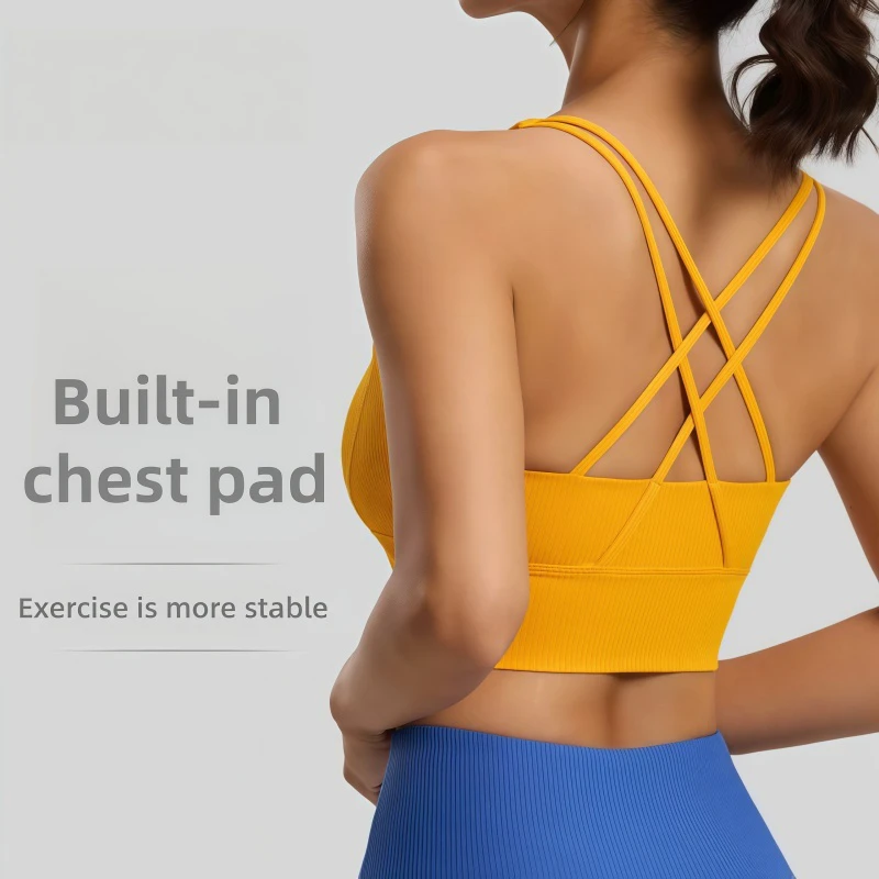 Striped Shockproof High Support Spandex/Polyester Beautiful Back Yoga Vest One-piece Fixed Cup Fitness Sports Bra