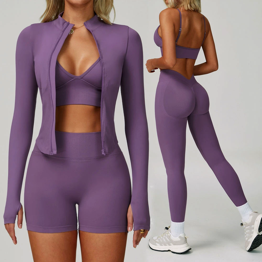 Custom Logo Seamless GYM Yoga Fitness Sport Wear Long Sleeve Zipper Jacket Butt Lift Deep V Women Yoga Leggings Pants Yoga Sets