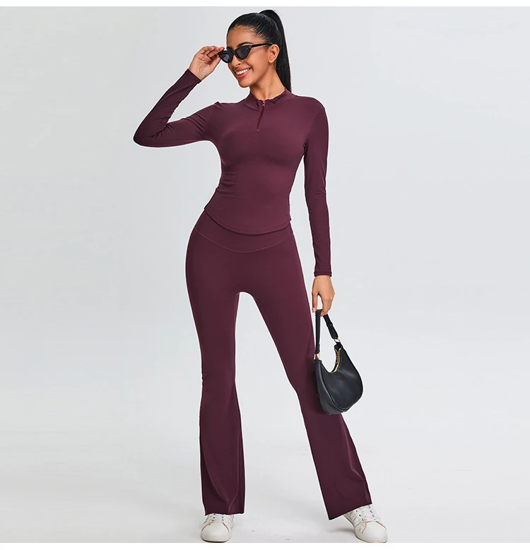 Wholesale Solid Front High Waist Flare Pants and Long Sleeve Yoga Set Quick Drying Tight Fitness Active Stretch 2-Piece Set