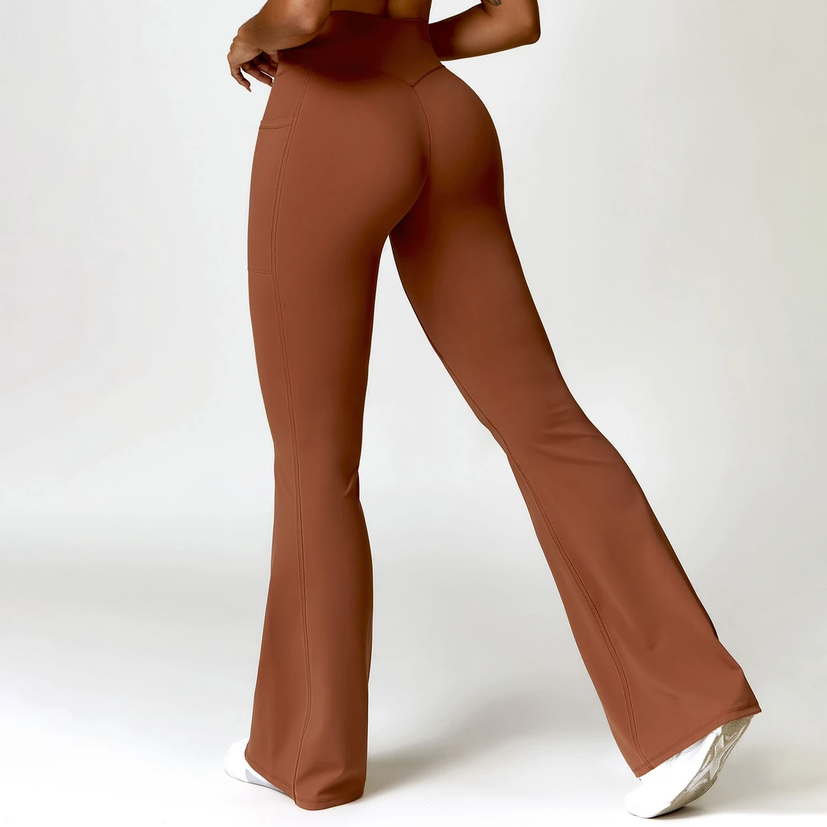 Women's High Waist Flared Leg Yoga Pants With Pockets Solid Color Full Length Elastic Waist Spandex Nylon Four-Way Stretch