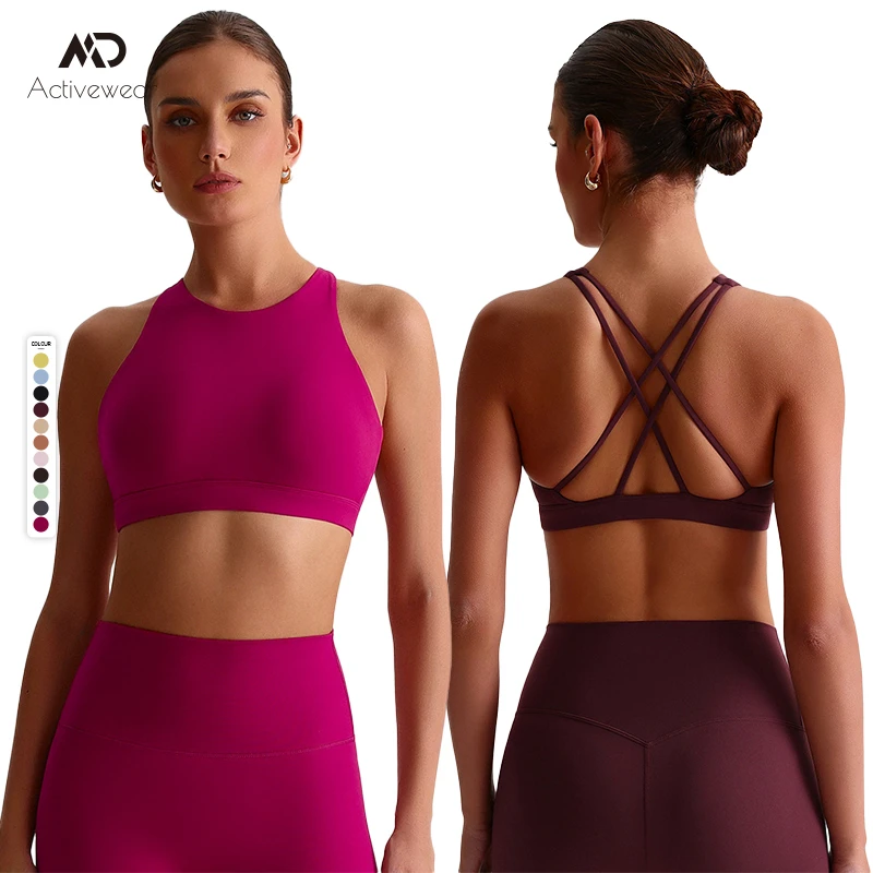 Hot Trendy High Neck Sports Bra Workout Gym Crop Top Comfy Sexy High Support Fitness Yoga Bra Cross Back Running Sports Bra