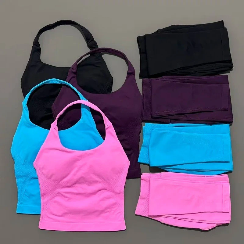Women's Solid High Waist Hip Lifting Seamless Breathable Elastic 2-Piece Yoga Fitness Suit Quick-drying Summer Running