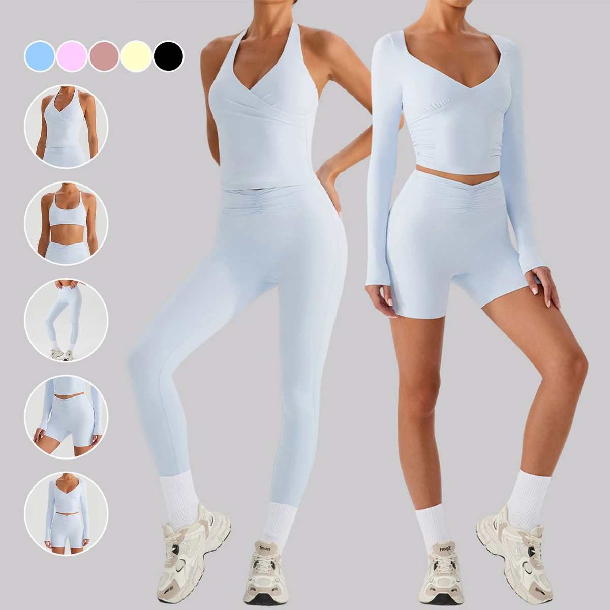 Custom Quick Drying 5 PCS Workout Set Sexy Bra Skin Friendly Sports Fitness Top High Waist Yoga Leggings Womens Gym Fitness Sets